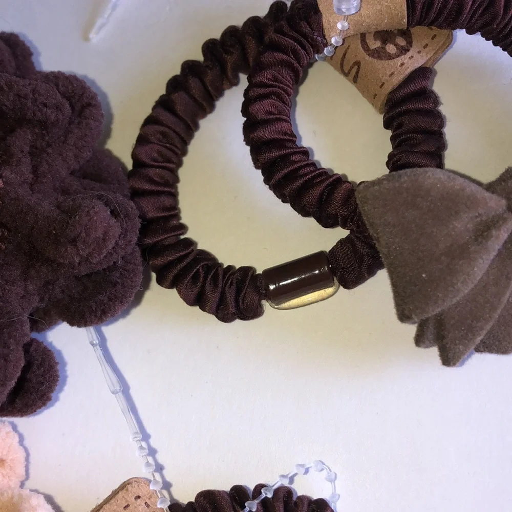 Plush Bow & Heart Hair Tie Set - Brown & Tan